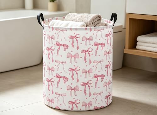 Image of Pink Laundry Basket Bow Hamper for Nursery Hamper Cute Storage Bin Room Decor for Home(Bow)