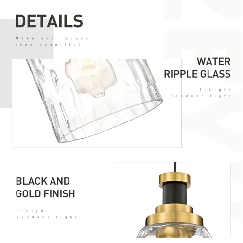 Image of zeyu Pendant Light 2 Pack, Vintage Adjustable Hanging Light for Hallway, Haning Light Fixture Ceiling with Water Ripple Glass Shade, Black and Gold Finish, ZG33M1L-2 BK+BG-WG