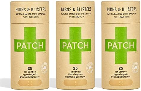 PATCH Eco-Friendly Bamboo Bandages for Burns & Blisters Hypoallergenic Wound Care for Sensitive Skin - Compostable & Biodegradable, Latex Free, Plastic Free, Zero Waste, Aloe Vera, 25ct(3pack)