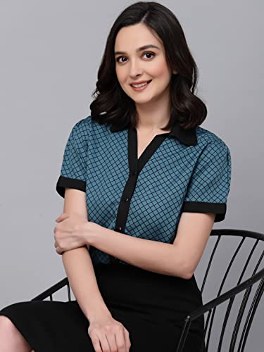 Image of Style Quotient Women Teal and Black Printed Smart Casual Shirt