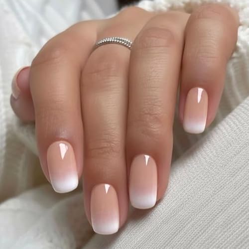 GLAMERMAID Ombre Pink White Press on Nails Extra Short Squoval, Natural Crush Jelly Soft Gel Fake Nails, Coral Short Square Stick Glue on Nails Tips, Reusable Acrylic False Nail Manicure Kit for Women — view 2