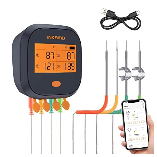 Inkbird WiFi Grill Meat Thermometer IBBQ-4T with 4 Colored Probes, Wireless Barbecue Meat Thermometer with Calibration, Timer, High and Low Temperature Alarm for Smoker, Oven, Kitchen, Drum