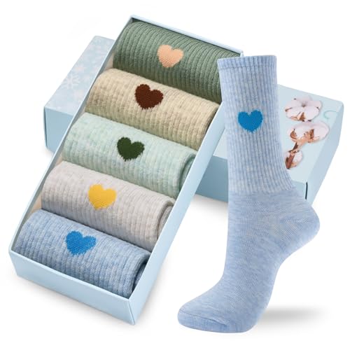 Image of Corlap Women's Cotton Crew Calf Socks - 5 Pairs Ankle High Dress Casual Socks, Fun Cute Heart Gifts for Mom Mother