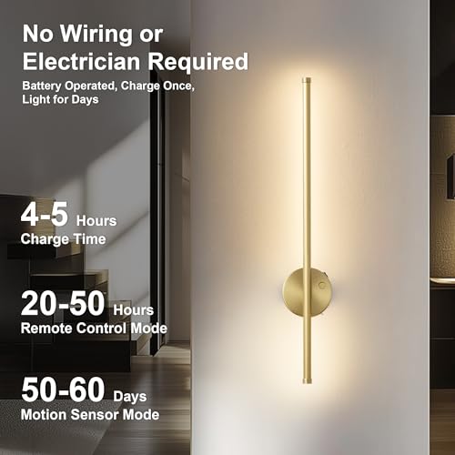 Image of KARTOOSH Brass Battery Operated Wall Sconce Set of Two with Motion Sensor | Rechargeable Wireless Wall Lights with Remote Control, Dimmable, 3000K /4000K /6000K, Timer for Living Room, Hallway,23.6 Inch
