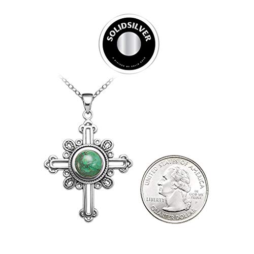 Solidsilver - Sterling Silver Byzantine Cross Pendant Necklace With A Crysocola Stone #TOP4