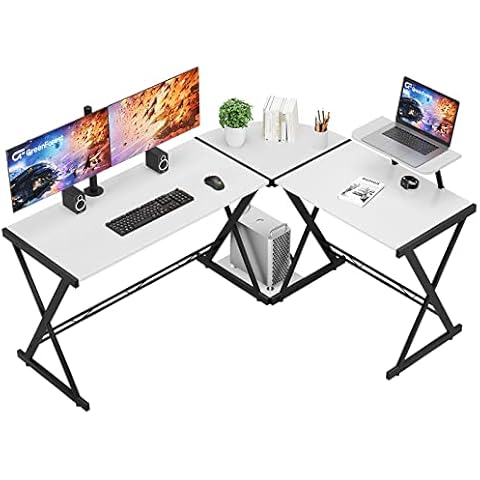 GreenForest L Shaped Desk 58" Reversible Corner Computer Desk with Movable Shelf and CPU Stand, Gaming Desk with Sturdy X Leg Space Saving Home Office Workstation Table, White Cover