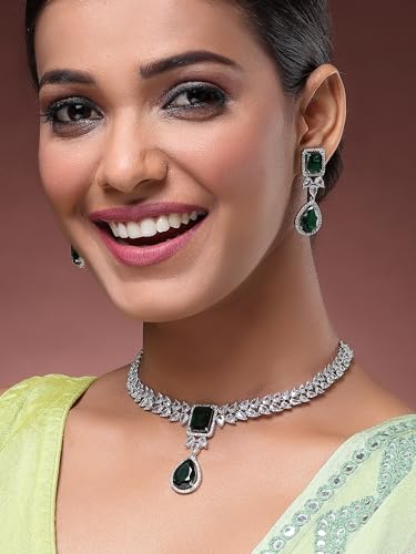 Image of Karatcart Elegant Silver Plated Blue American Diamond Necklace Set for Women