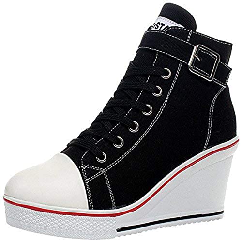 ALLINNINE Women's Sneaker Shoes High Heel Fashionable Canvas Shoes High Tube Lace Up Wedge Edge Zipper Slope Angle Shoes Size 4-11,Black,11