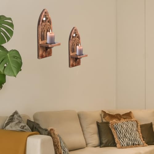 Homebia Designs Cathedral Arch Wooden Wall Candle Sconces with Mirror - Pack of 2, 16 Inch Rustic Pillar Candle Holders, Handcrafted Gothic Window Décor for Christmas & Everyday Use - Natural Burnt by Homebia Designs - Image 2