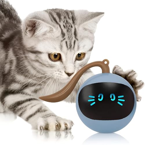 GIIPET-猫じゃらし 電動 猫 犬 おもちゃ 健康無毒 静音 動走行ボール るボール 360度自動回転 LEDライト付き 発光回転ボール USB充電式 お留守 ペット用ボール 運動不足 ストレス解消 (ブルー, 48mm)