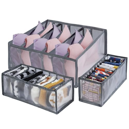 Yesaler Cassetto Organizer per Biancheria Divisori Cassetti Pieghevole Organizzatore Storage Box per Reggiseni Calzini Cravatte Sciarpe Fazzoletti Set di 3 Grigio