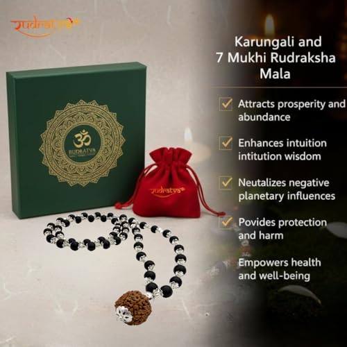 Image of Original Karungali Mala with 7 Mukhi Rudraksha Pendant & Karungali Bracelet Combo | 8mm 54+1 Beads | Lab Certified | Ebony Wood Spiritual Set for Positivity, Protection & Meditation | Unisex