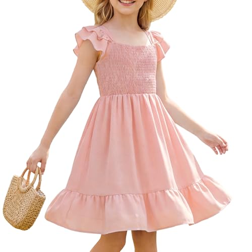 Image of JiAmy Girls Dress Summer Ruffle Short Sleeve A Line Dresses with Pocket Kids Casual Tiered Swing Dress for 13 Years Pink