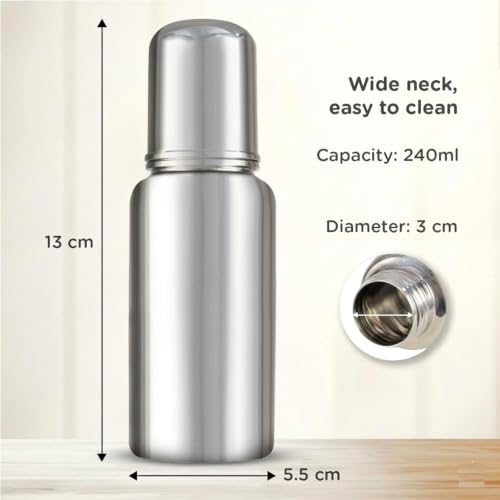 Image of Stainless Steel Baby Feeding Bottle, 250ml, BPA Free, with 3 Silicone Nipples and Cleaning Brush, Anti Colic, for Infants 0-2 Years