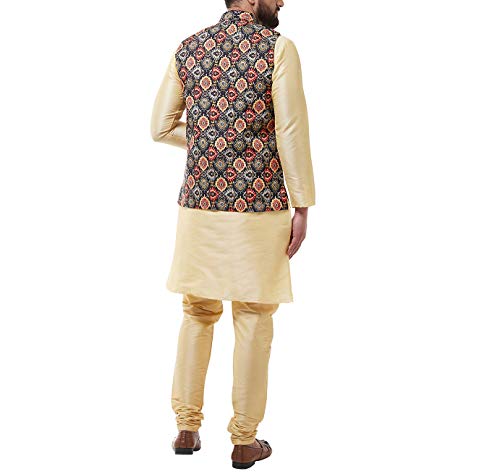 Image of SOJANYA (Since 1958 Men's Silk Blend Gold Kurta Pyjama & Printed Nehrujacket Combo