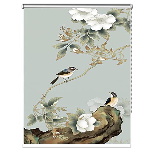SSZY Stores Enrouleur Style Japonais Volets Roulants Occultants 60/90/100/120/140/150cm de Large, Vert Clair Abat-Jour À Motifs avec Fleur et Oiseau View, Protection UV, Fait sur Mesure (60x180cm) Cover