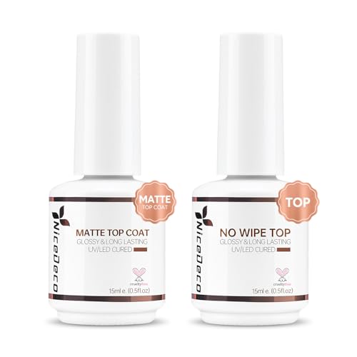 Nicedeco 15ML No Wipe Top Coat Semipermanentes and Top Coat Mate Semipermanentes Durable at Home DIY Nail Salon Quality 2PCS Nail Polish Kit for Pedicure and Manicure UV/LED