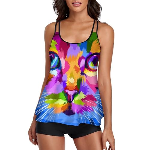 Maillot de bain tankini femme imprimé chat avec robe de plage et short de garçon