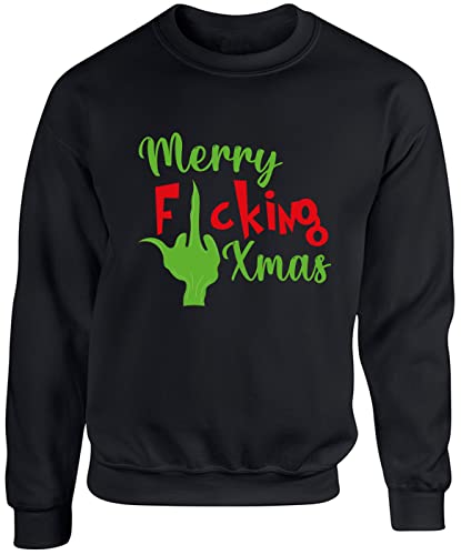 Image of Hippowarehouse Merry Fcking Xmas Unisex Jumper Sweatshirt Pullover (Specific Size Guide in Description) Black