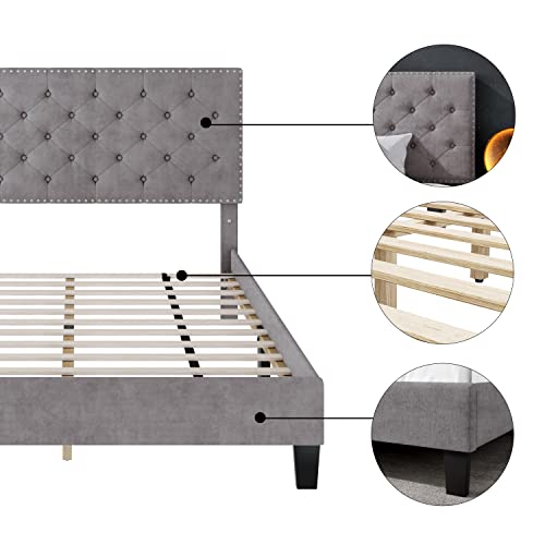 Hostack Queen Size Bed Frame, Modern Upholstered Platform Bed With Adjustable Headboard, Heavy Duty Button Tufted Bed Frame With Wood Slat Support, Easy Assembly, No Box Spring Needed(Grey, Queen) #TOP5