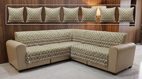 Image of Luxury Sofa Cover L Shape 7 Seater with Matching Cushion Cover 16x16 inch - Beige Diamond Jacquard 4+3 Seater (7 Seater) Quilted Sofa Cover Set Pack of 12, Washable, Beige Gold