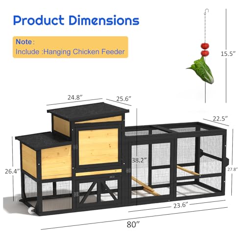 80" Chicken Coop for 2-4 Chickens with Wheels, Outdoor Wooden Hen House w/Nesting Box & Run Cage, Weatherproof for Backyard Poultry Pet Hutch, Removable Tray and Hanging Chicken Feeder - Image 3