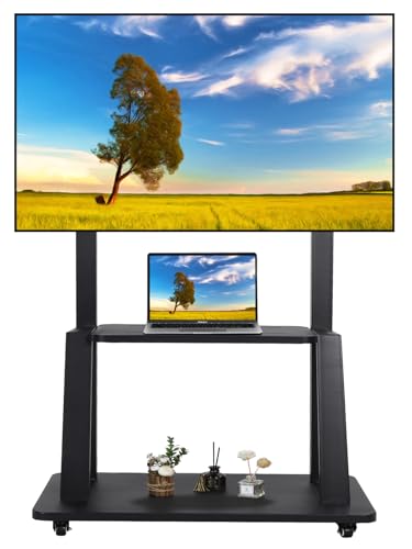 Supporto TV da Pavimento per Schermi Piatti/Curvi Da 32-75 Pollici LED/LCD/OLED, Altezza Regolabile, Carrello Porta TV con Ruote Fino a 45kg, con Mensola per Laptop o DVD,Nero