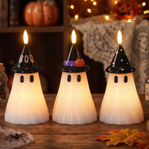 Image of Halloween Decor Flameless Ghost Candles with Witch Hat, 3PCS
