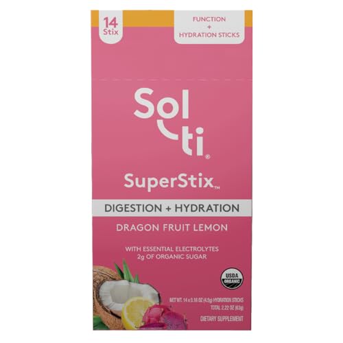 Sol-ti Organic Electrolyte Digestion + Hydration Powder Drink Mix, Superfood Hydration Powder Sticks, SuperStix, Non-GMO, Vegan, Dragon Fruit Lemon, 14 Sticks
