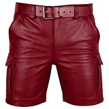 Mens Leather Jean Shorts Casual Lightweight Wide Leg Baggy Streetwear Comfy Fashion Pants with Pockets Wine