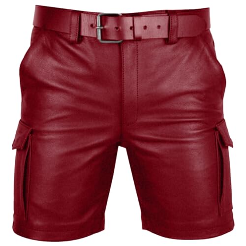 Leather Shorts for Men's Retro Cargo Shorts with Pockets Solid Color Party Biker Short Button Fly Fashion Short Wine XL