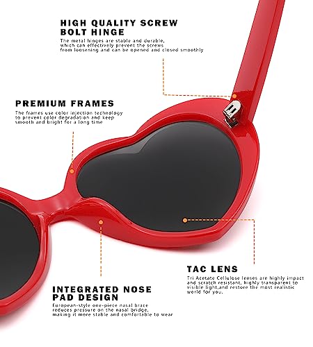 Nulooq Polarized Heart Shaped Sunglasses For Women Retro Fashion Large Frame Lovely Style With 100% Uv Protection (Red Frame/Gray Lens) #TOP5