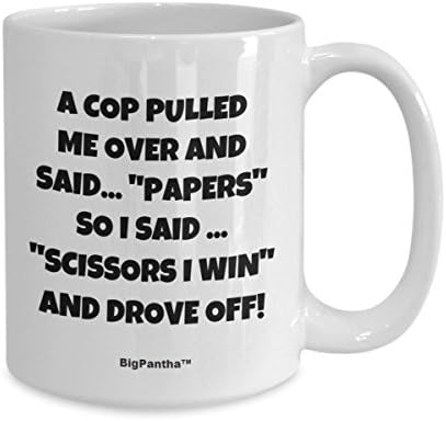 "A Cop Pulled Me Over & Said"Papers", so I ." - Unique White Ceramic Funny Coffee Mug with Humorous Quotes. Ideal for Speed Freaks & Drivers Caught Speeding. Best Witty Mugs Online. Cool Gift!