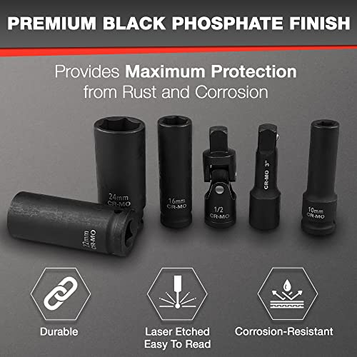 EACELIY 20-piece 1/2\" Deep Impact Socket Set, Including Impact Adapter Set, Extension Bar and Universal Joint, 10mm-24mm Metric Size, Driven Deep-Draw Socket Set, Cr-Mo Steel, 6-Point Design