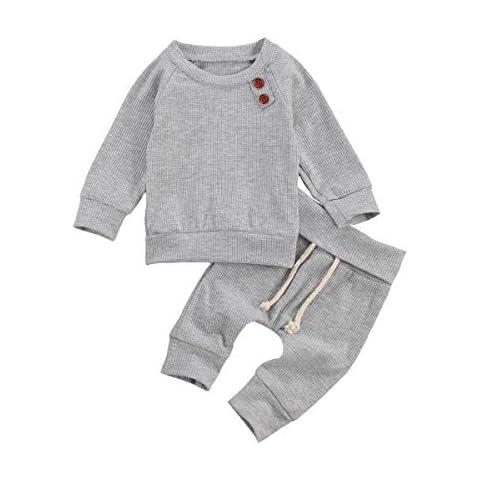 Newborn Baby Boy Girl Ribbed Outfits Long Sleeve Sweatshirt Top Pants Soild Sweatsuit Fall Winter Clothes Set - Grey - 6-12 months Cover