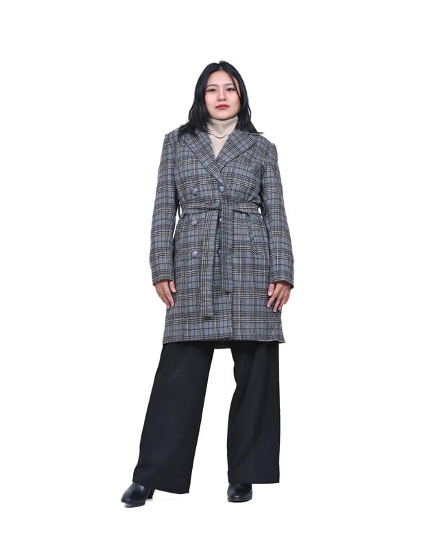 memories by masha Heritage Grid Wool Blend Double-Breasted Coat with Belted Waist for Women – Stylish Plaid Trench Coat for Fall and Winter-picture-39
