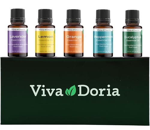 Viva Doria Top 5 Essential Oils Set - Food Grade | 100% Pure & Natural | Aromatherapy Candle Making | Peppermint Eucalyptus Lavender Lemon & Orange Oils
