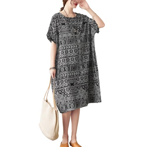 Image of LUZU JUNU Women's Summer Baggy Plus Size Loose Cotton Linen Long Boho Beach Dress with Pockets