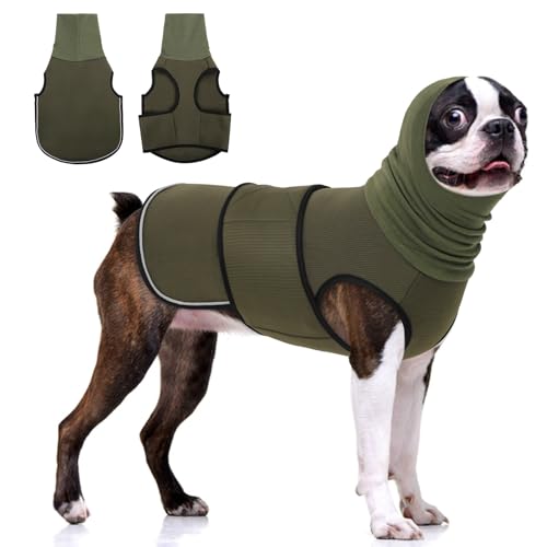 KOESON Dog Calming Hoodie, Pet Thunder Jacket with Ear Wrap, Breathable Dog Anti-Anxiety Vest for Thunder, Fireworks, Travel, Separation, Comfort Pet Anxiety Relief Wrap, Army Green XS