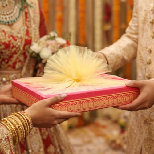 Image of SATYAM KRAFT 6 Pcs Multipurpose Decorative Folding Gift Box | Premium Paper Tray with Net for Wedding Return Gifts, Shaadi /Marriage, Anniversary, Hampers, Festive Gift Packaging (Dark Pink)