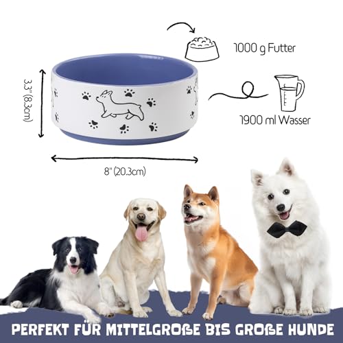 Keramik Futternapf für Hunde - Großer Hundenapf mit fröhlichem Welpenmotiv - Fressnapf und Wassernapf für mittelgroße bis große Hunde - 1900 ml - Durchmesser 20,3 cm - Lila