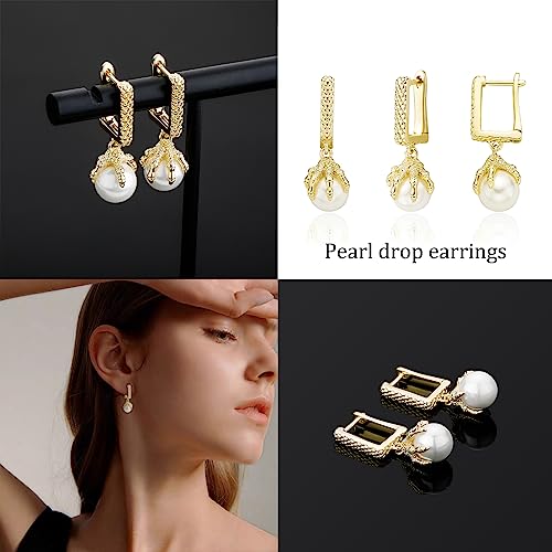 Oyogaa Pearl Dangle Hoop Dainty Earrings 14K Gold Plated 925 Sterling Silver Shell Pearl Dragon Claw Design Texture Carving Handmade Fashion Drop Hoop Earrings For Women Men-Gold #TOP2