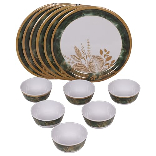Image of Golden Fish Melamine Round Multicolor Full Size Dinner Plate || Veg. Bowl Floral Printed Dinner Plates (Set of 12) Dishwasher Safe, Bone-Ash Free, Crockery Set for Dining & Gifting, Plates & Bowls