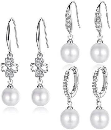Pearl Earrings for Women Set Pearl Drop Earrings Dangle 925 Sterling Silver Cubic Zirconia Hypoallergenic Hoop Earrings for Girls Mother Her (A-Silver)