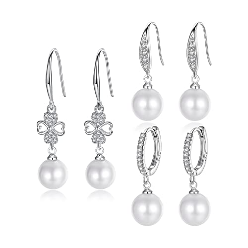 Pearl Earrings For Women Set Pearl Drop Earrings Dangle 925 Sterling Silver Cubic Zirconia Hypoallergenic Hoop Earrings For Girls Mother Her (A-Silver) #TOP3