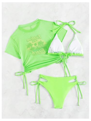 Image of Sexybody Women's 3 Piece Swimsuit Halter String Bikini Tie Side Mesh Short Sleeve Bathing Suits