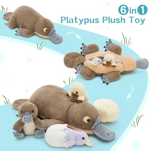 MorisMos 55cm Schnabeltier Kuscheltier XXL mit 3 Babys im Bauch, weich riesen Schnabeltier Plüschtier Stofftier,Platypus Geburtstag Weihnachten Geschenk Kinder