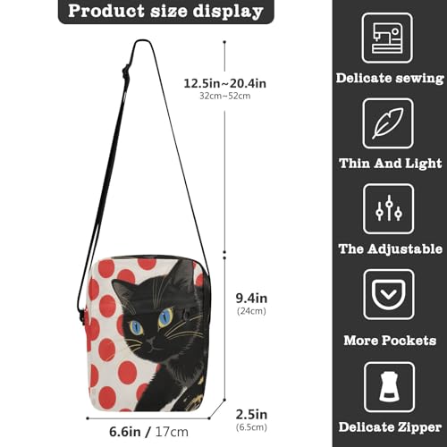 crossbody messenger bag men's shoulder bag Cross Over Purse Adjustable Strap for outdoor sports outdoor sports- Red Dots Black Cat3