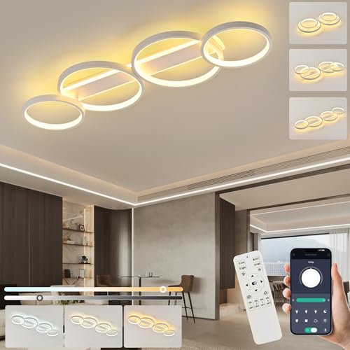 Plafonnier LED,Moderne Lampe de plafond 60W 3000K-6000K,4 anneaux ronde design Chambre Eclairage,Lampe Lustre avec Telecommande APP Dimmable,Luminaire...