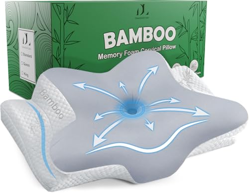 Bamboo Rayon Cervical Neck Pillow for Neck Pain Relief - Premium Memory Foam Ergonomic Pillow for Sleeping, Orthopedic Contour Neck & Shoulder Support Cooling Pillow - Back and Side Sleepers
